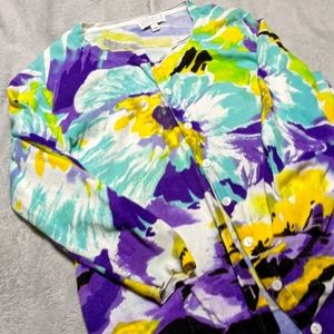 Button front sweater, purple, teal, and white size Large